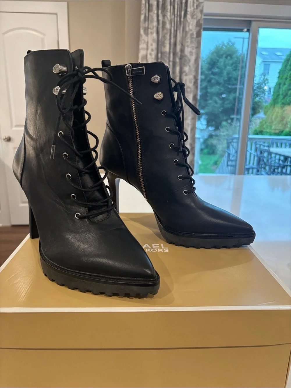 Michael Kors Black Lace-Up Stiletto Ankle Boots with Side Zip